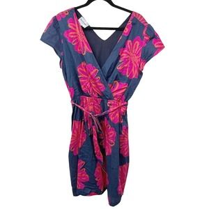 Leo & Ugo Paris Floral Print Dress Womens Size 2 Pink Orange Navy Blue tie Waist